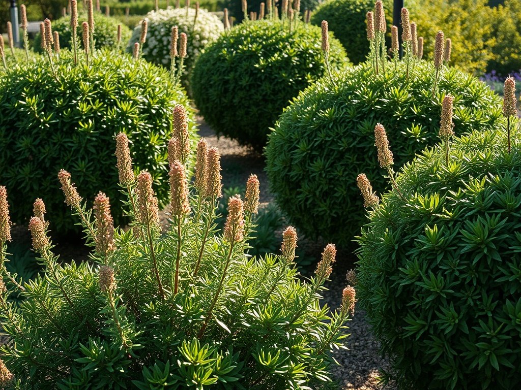 Tuin met verschillende Spaanse margrieten in diverse groeistadia onder zacht ochtendlicht.