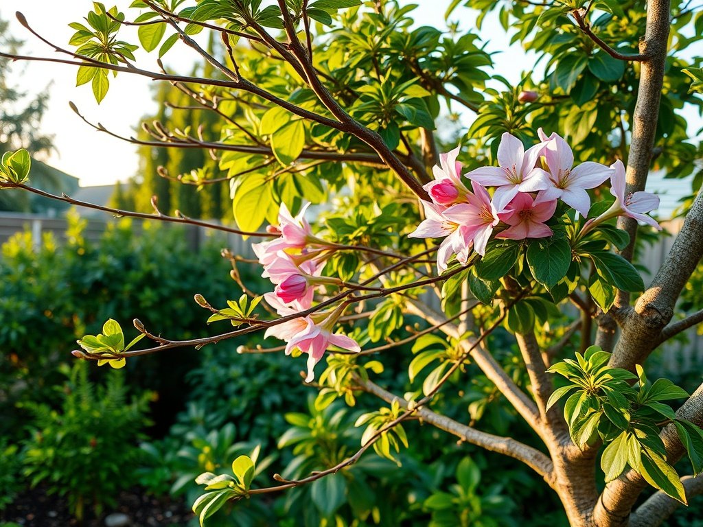 Buiten tuin met een Lagerstroemia die deels gesnoeid is en bloeit met roze bloemen onder natuurlijk licht.