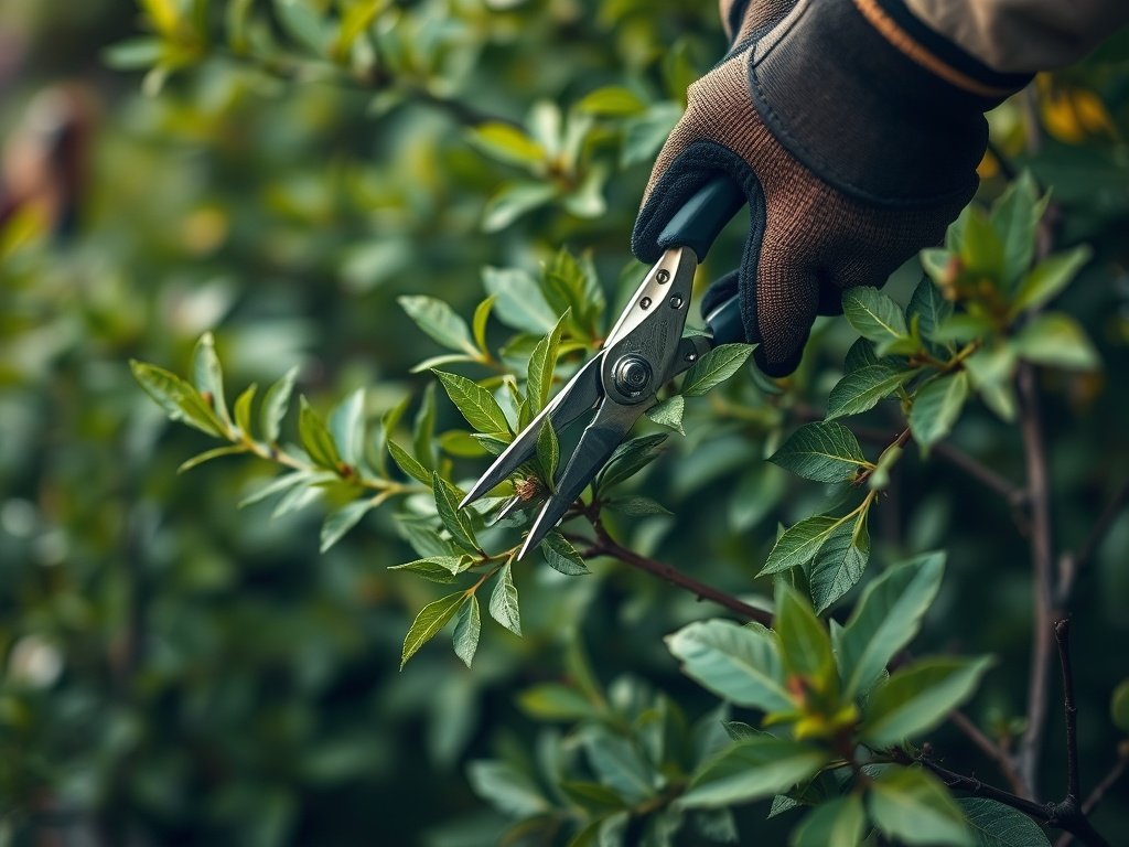 Handen met tuinhandschoenen die een dichte groene struik snoeien met snoeischaar in een natuurlijke tuin.
