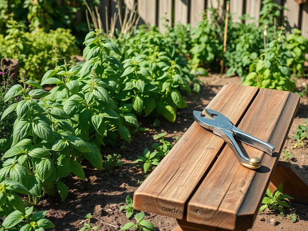 Brede opname van een levendige kruidentuin met basilicumplanten en een houten tuinbank met snoeigereedschap.