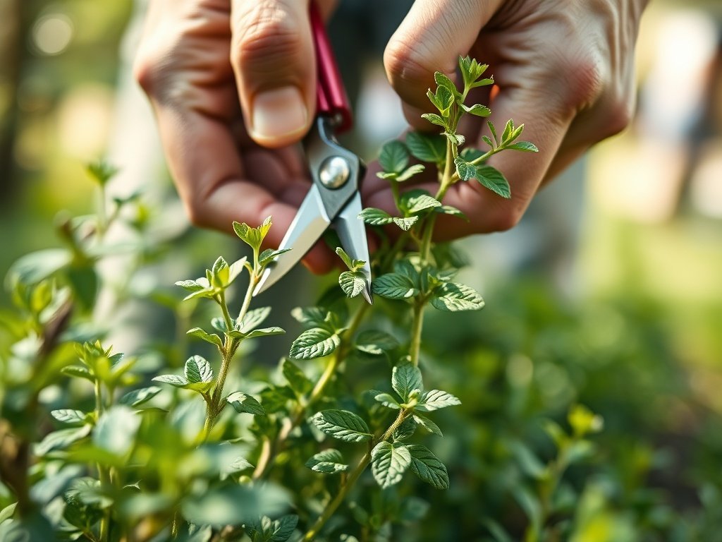 Close-up van handen die oregano snoeien in een tuin met zachte natuurlijke verlichting.