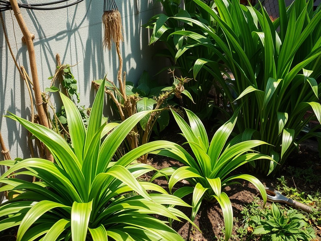 Tuinhoek met meerdere Dracaena planten in verschillende groei- en snoeistadia onder natuurlijk daglicht.