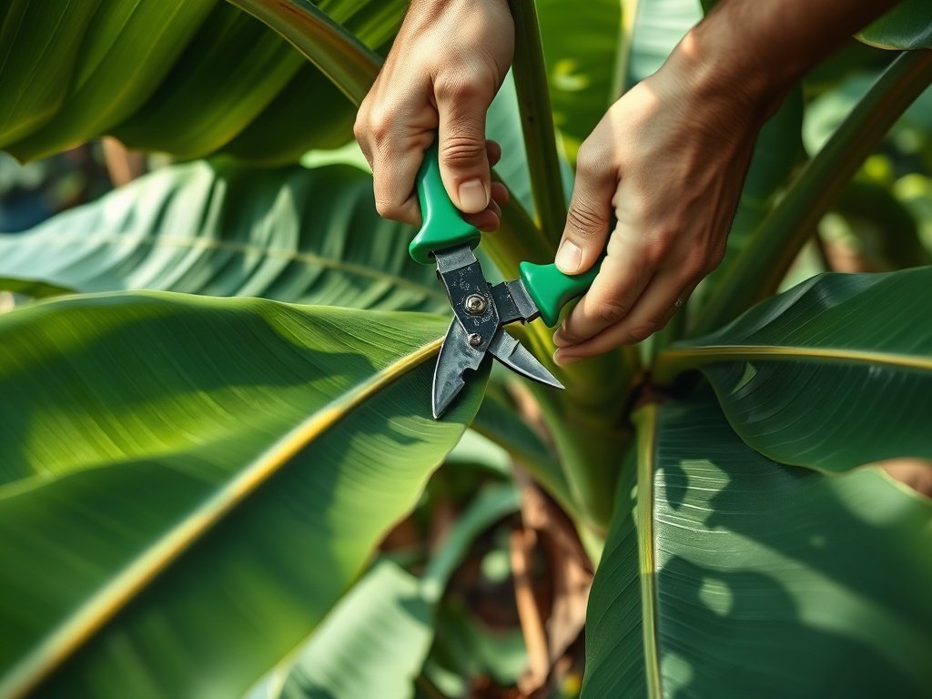 Close-up van handen die een grote bananenplant snoeien met groene snoeischaar in een weelderige tuin.