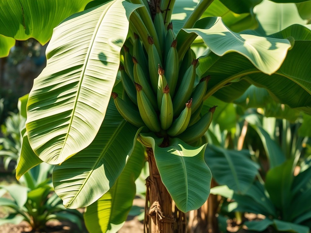 Wijds beeld van een volwassen bananenplant in een tuin met recent gesnoeide bladeren onder zacht zonlicht.