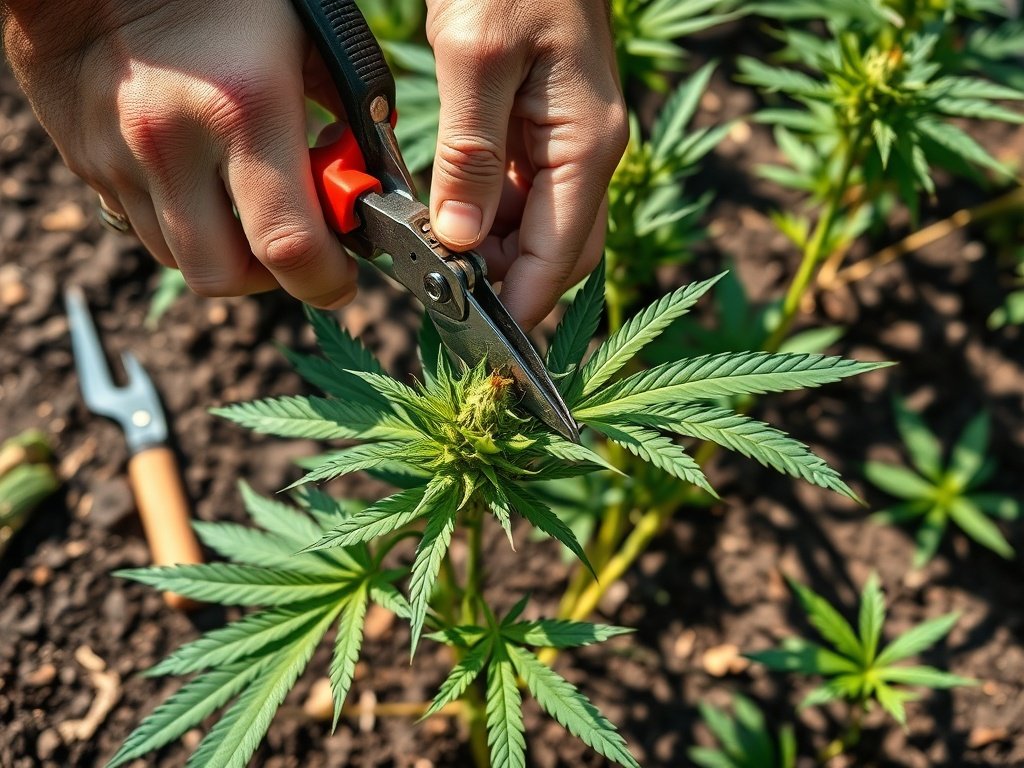 Close-up van handen die cannabis snoeien met een snoeischaar in een tuin.
