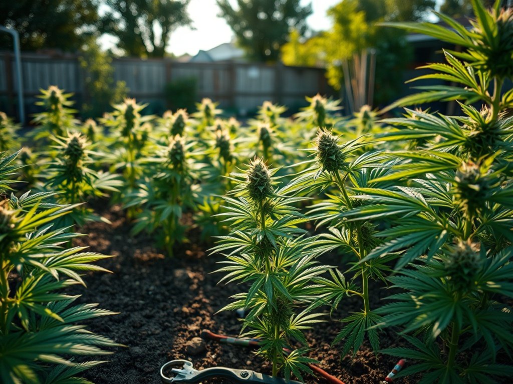 Tuinbed met cannabisplanten in verschillende stadia van snoeien onder natuurlijke zonlicht.