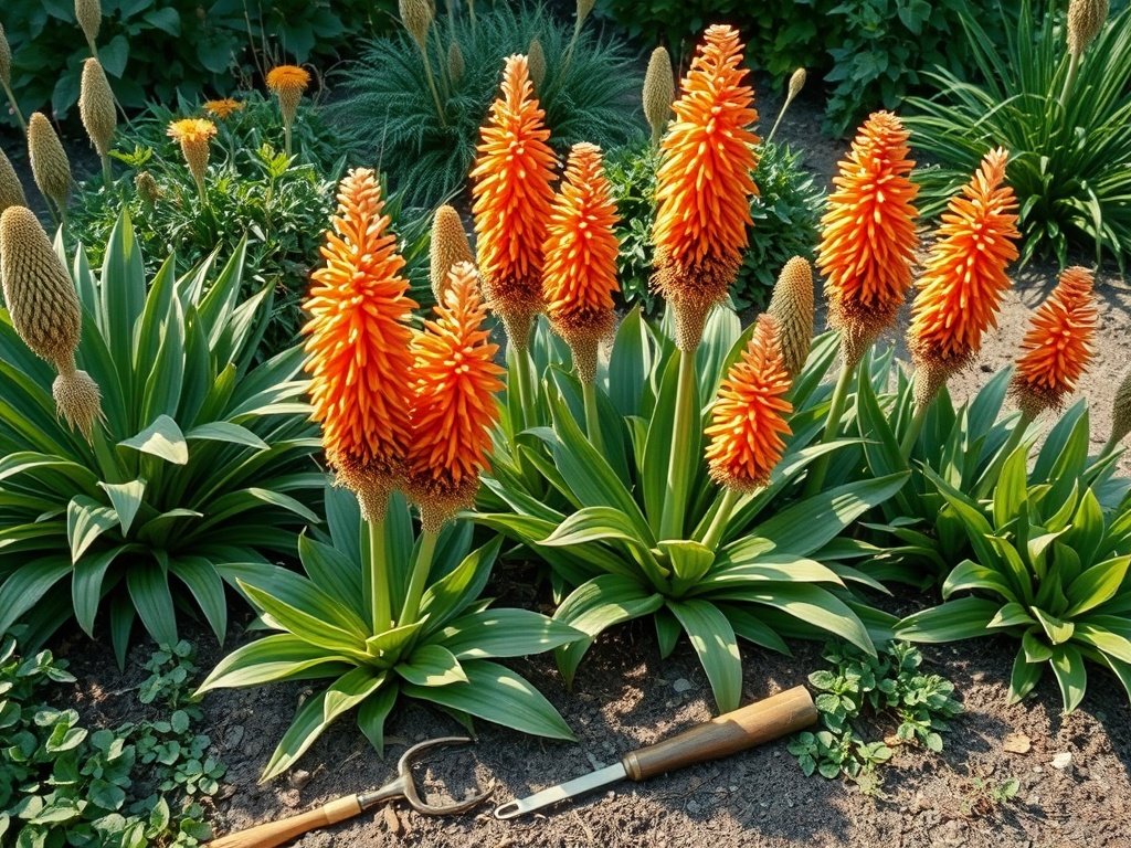 Brede opname van een tuin met kniphofia planten, sommige gesnoeid, andere bloeiend met oranje en rode bloemen.