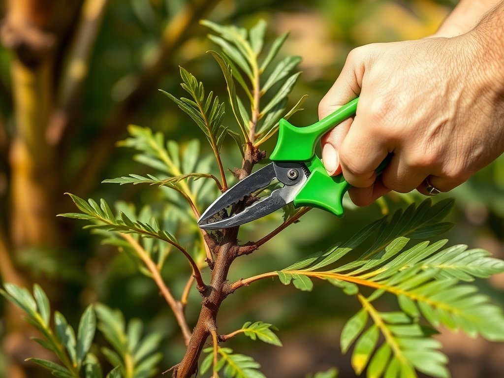 Handen die een pachira plant snoeien in een natuurlijke tuinomgeving.