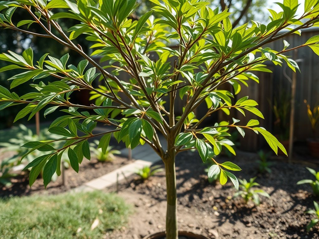 Brede opname van een gesnoeide pachira plant in een natuurlijke tuin met ochtendlicht.