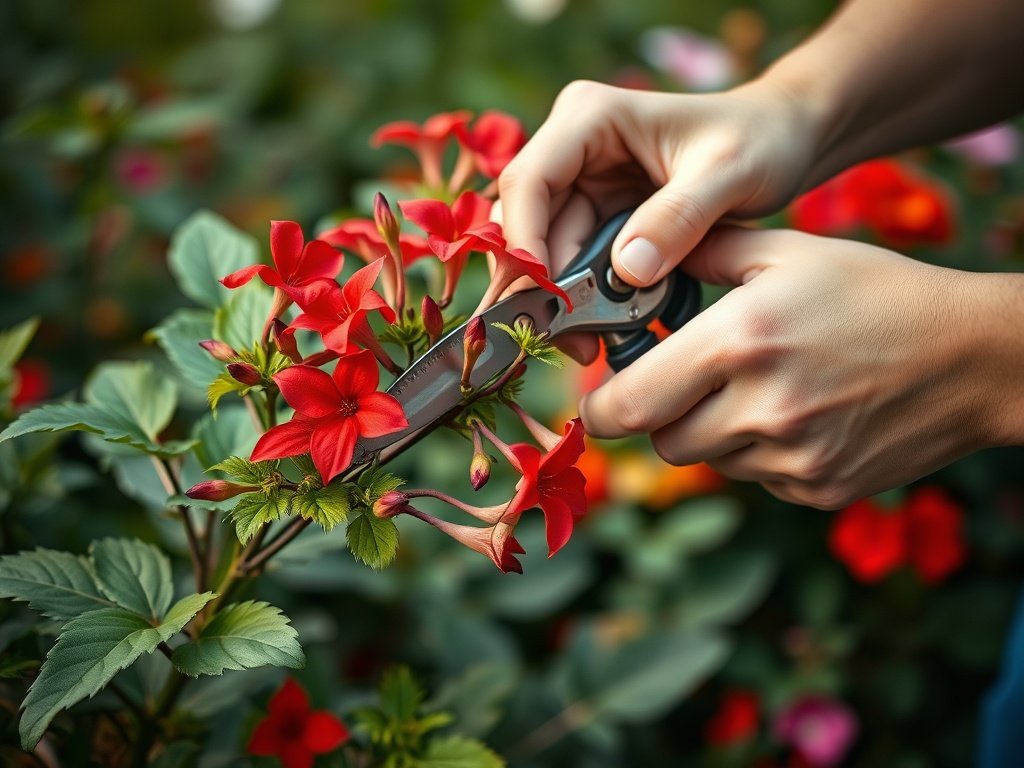 Handen die een sundaville struik snoeien met rode bloemen in een natuurlijke tuinomgeving.