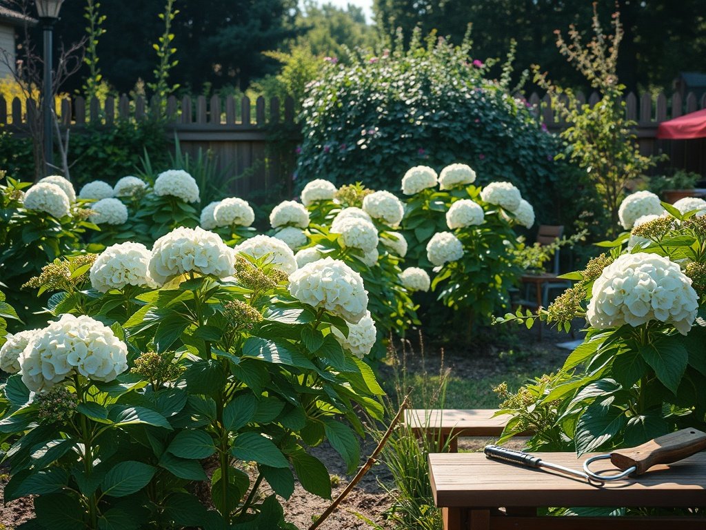 Tuin met annabel hortensia struiken in verschillende groeistadia en snoeigereedschap op bank.