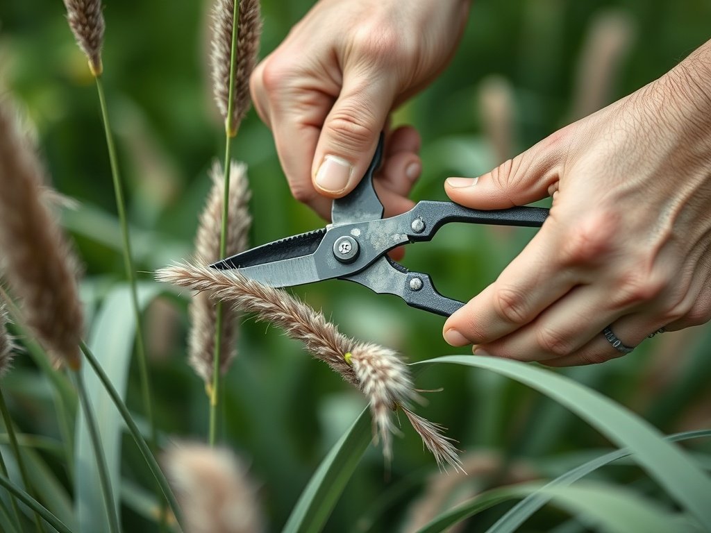 Close-up van handen die siergrassen snoeien in een natuurlijke tuin met gedetailleerde grassprieten.