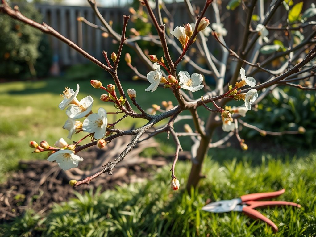 Gesnoeide takken van bloeiende struik in een verzorgde tuin met tuingereedschap op het gras.