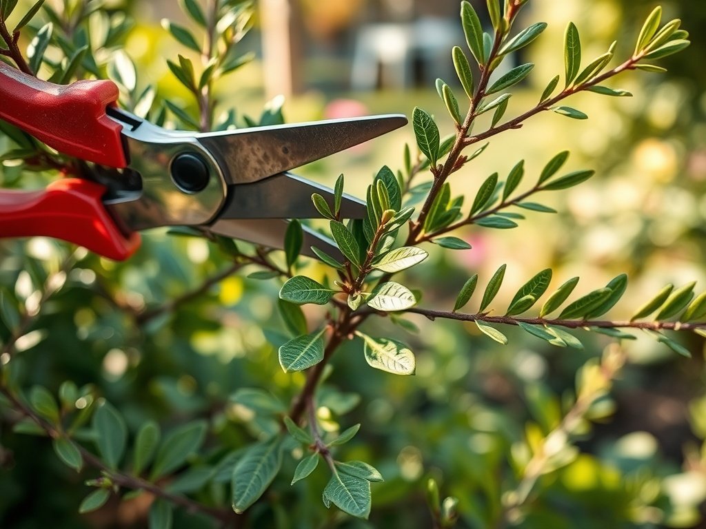 Close-up van een laurier op stam die wordt gesnoeid met rode snoeischaar in een tuin.