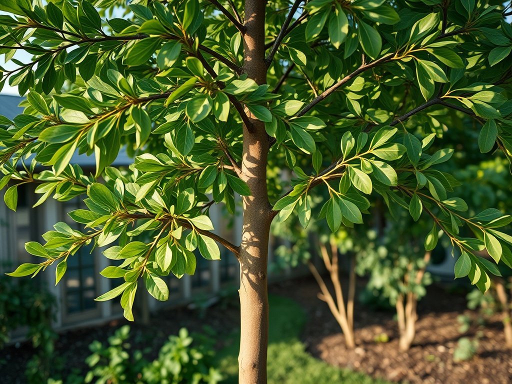 Wijds beeld van een laurier op stam in een tuin met vers gesnoeide takken en ochtendlicht.