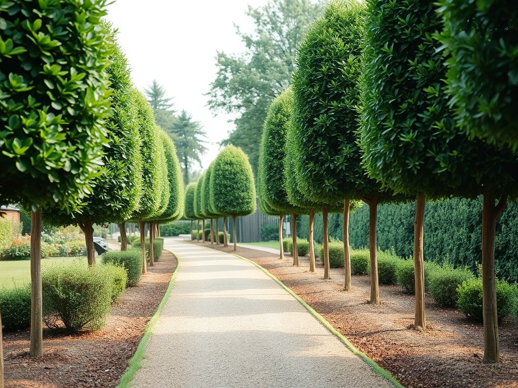 Tuinpad omringd door netjes gesnoeide leibomen in geometrische vormen onder natuurlijk licht.