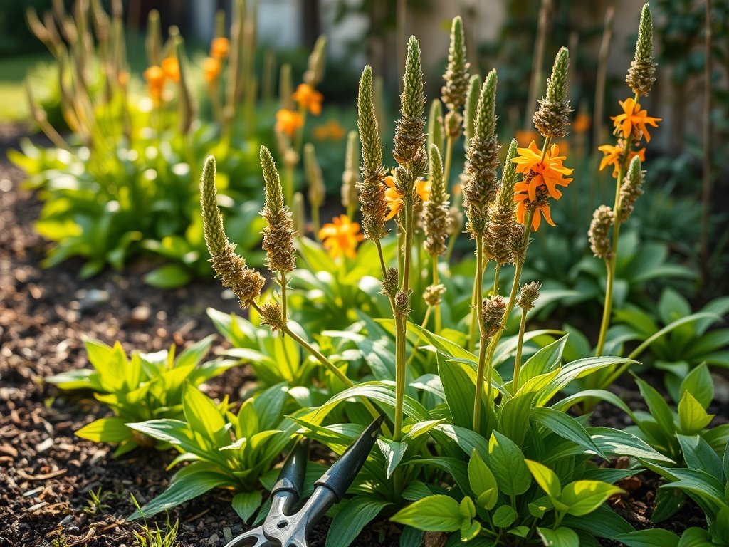 Tuinperk met gedeeltelijk gesnoeide Crocosmia planten in natuurlijk ochtendlicht met tuingereedschap op de voorgrond.