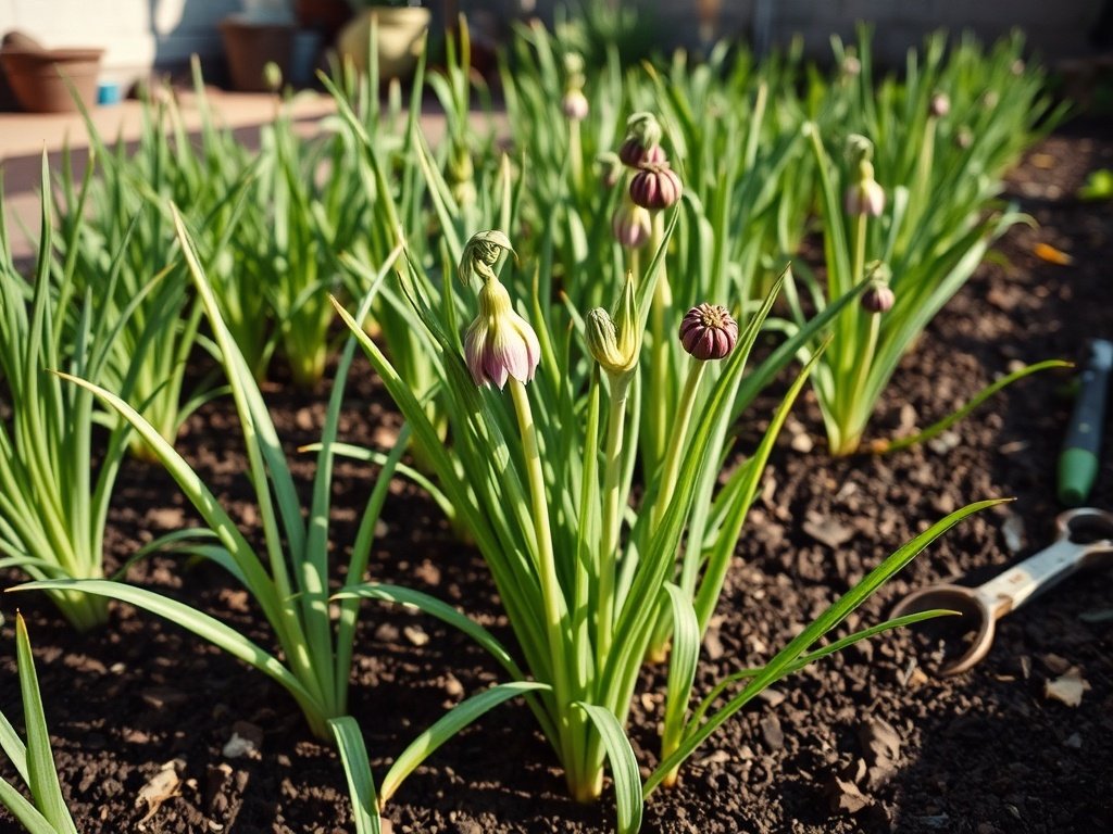 Tuinbed met verschillende stadia van allium planten, sommige vers gesnoeid, in een natuurlijke buitenomgeving.