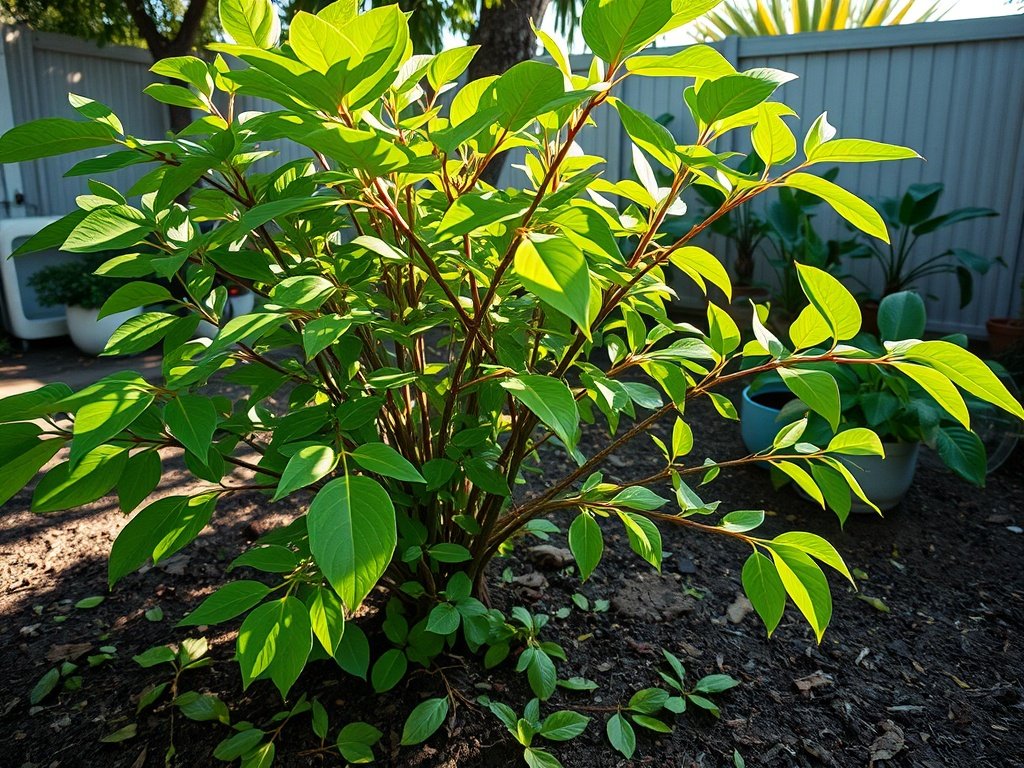 Brede opname van een schefflera plant met verse snoei in een natuurlijke achtertuin bij ochtendlicht.