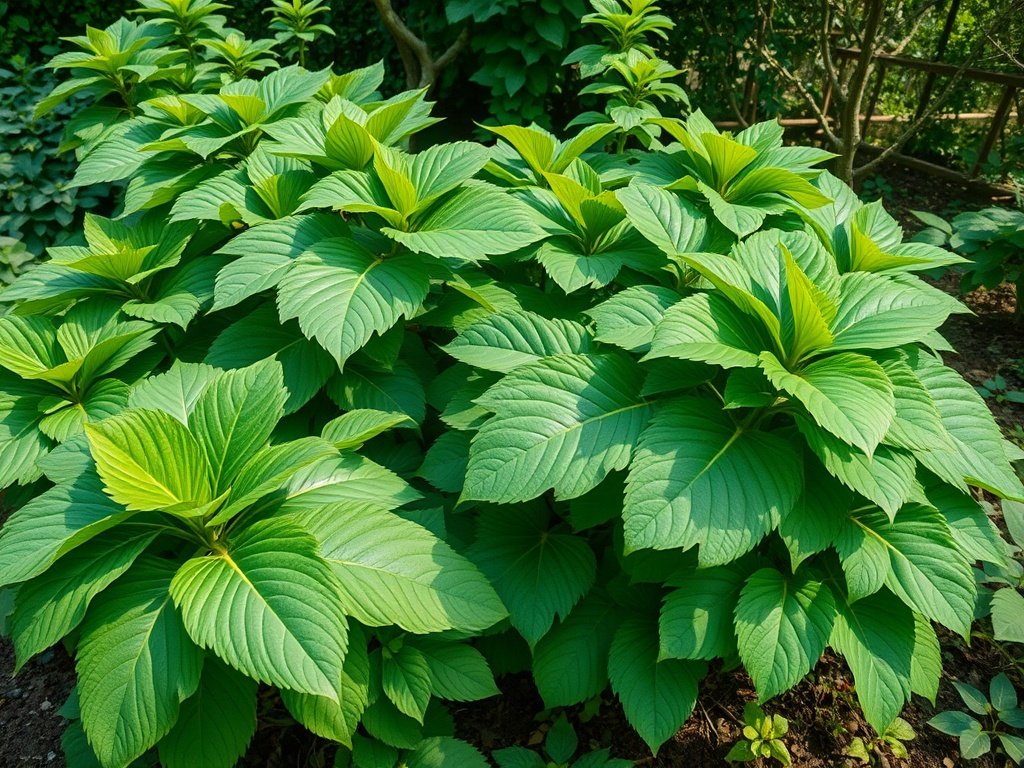 Groene tuin met volgroeide Fatsia japonica planten onder natuurlijk zacht zonlicht.