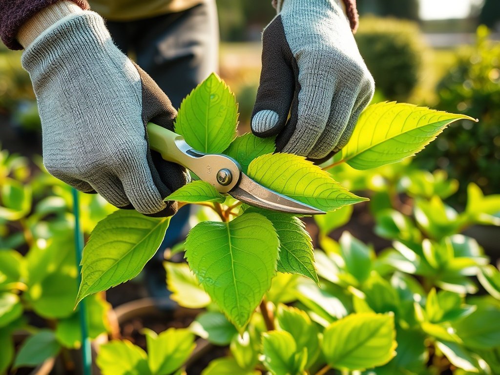 Close-up van handen die aucuba bladeren snoeien in een tuin met ochtendlicht.