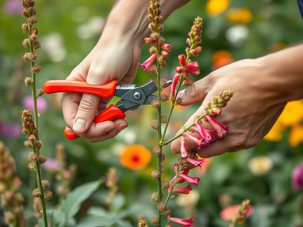 Close-up van handen die een penstemon plant snoeien met rode snoeischaar in een natuurlijke tuin.