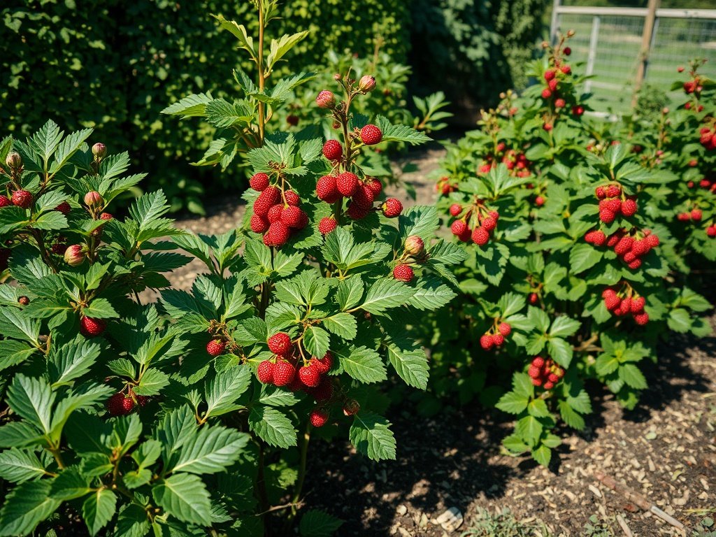 Brede tuinweergave met wijnbesstruiken en zichtbare verse snoeiwonden onder natuurlijk zonlicht.