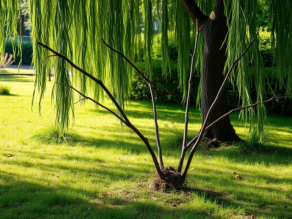 Rustige buitenomgeving met wilgentakken die deels gesnoeid zijn in een zonovergoten tuin.