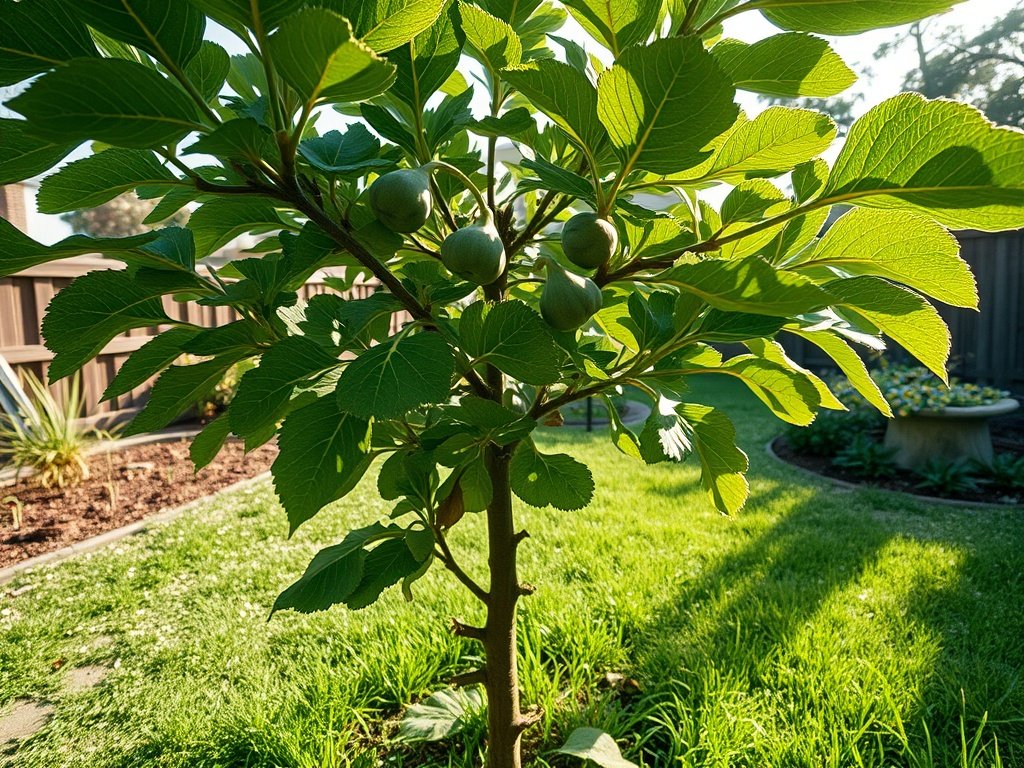 Brede opname van een vijgenboom in een achtertuin met verse snoeisporen in zacht ochtendlicht.