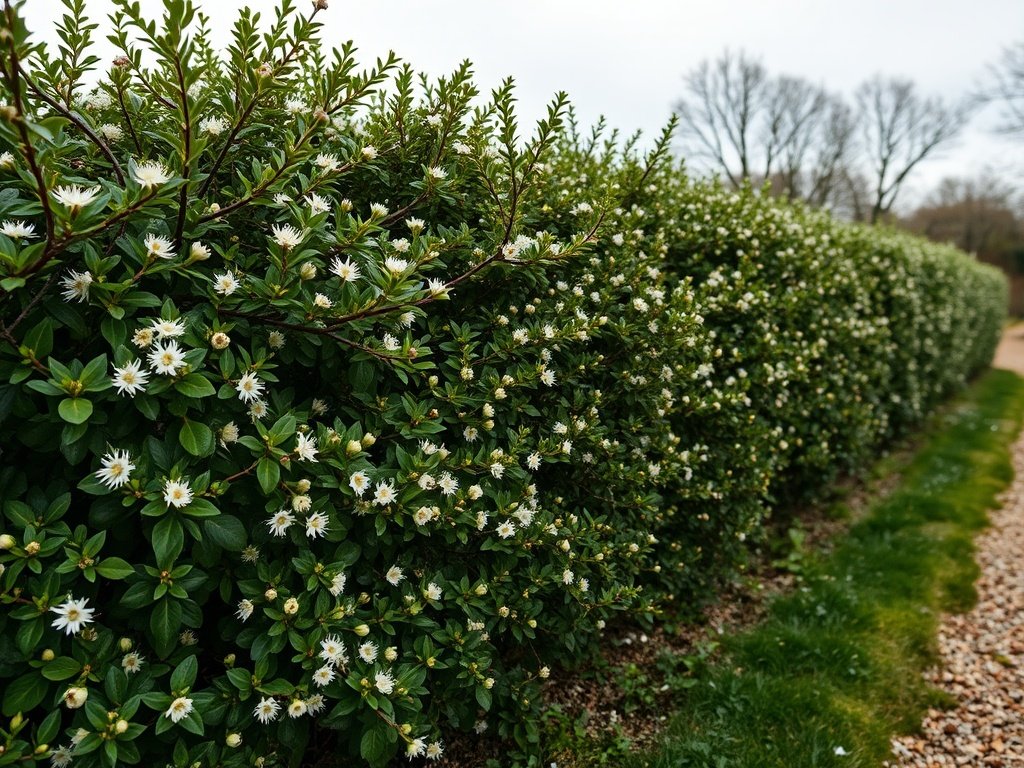 Wijds uitzicht op een natuurlijke tuinhaag van bloeiende sleedoornstruiken met groene bladeren en witte bloemen in zonlicht.