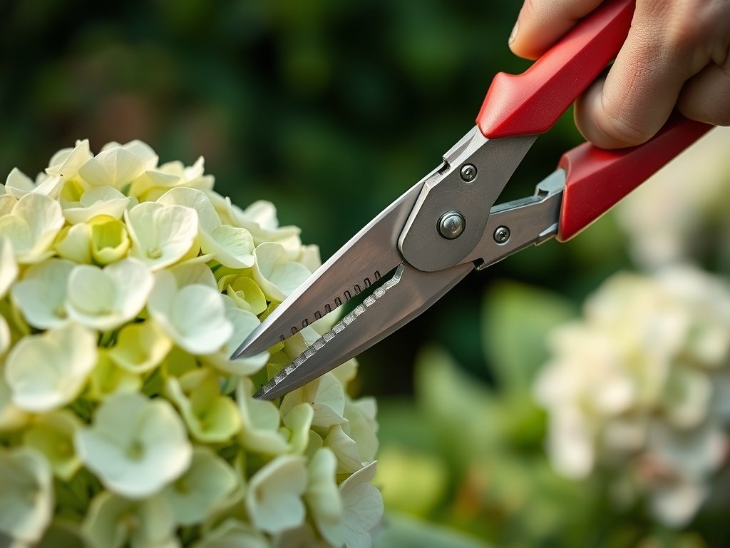 Close-up van snoeien van annabel hortensia met groene bladeren en takken.