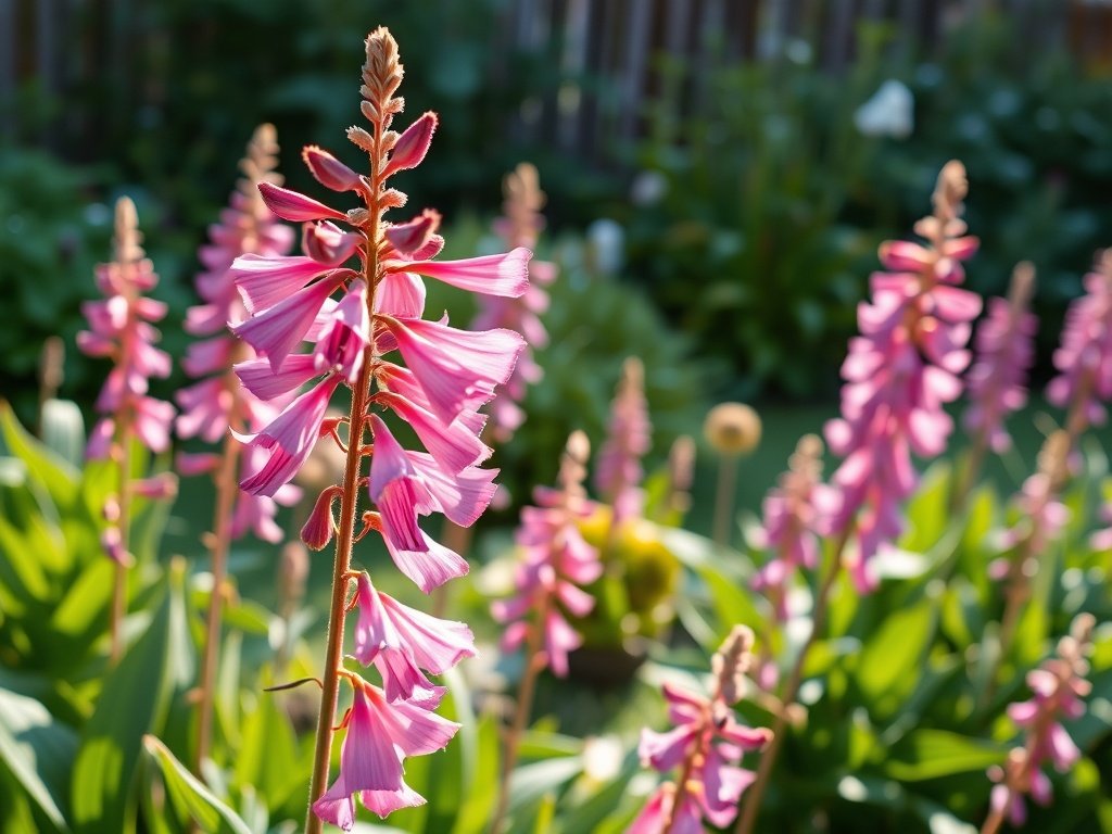 Weids beeld van een bloeiend penstemon bloemenperk in zachte ochtendzon met groene bladeren.