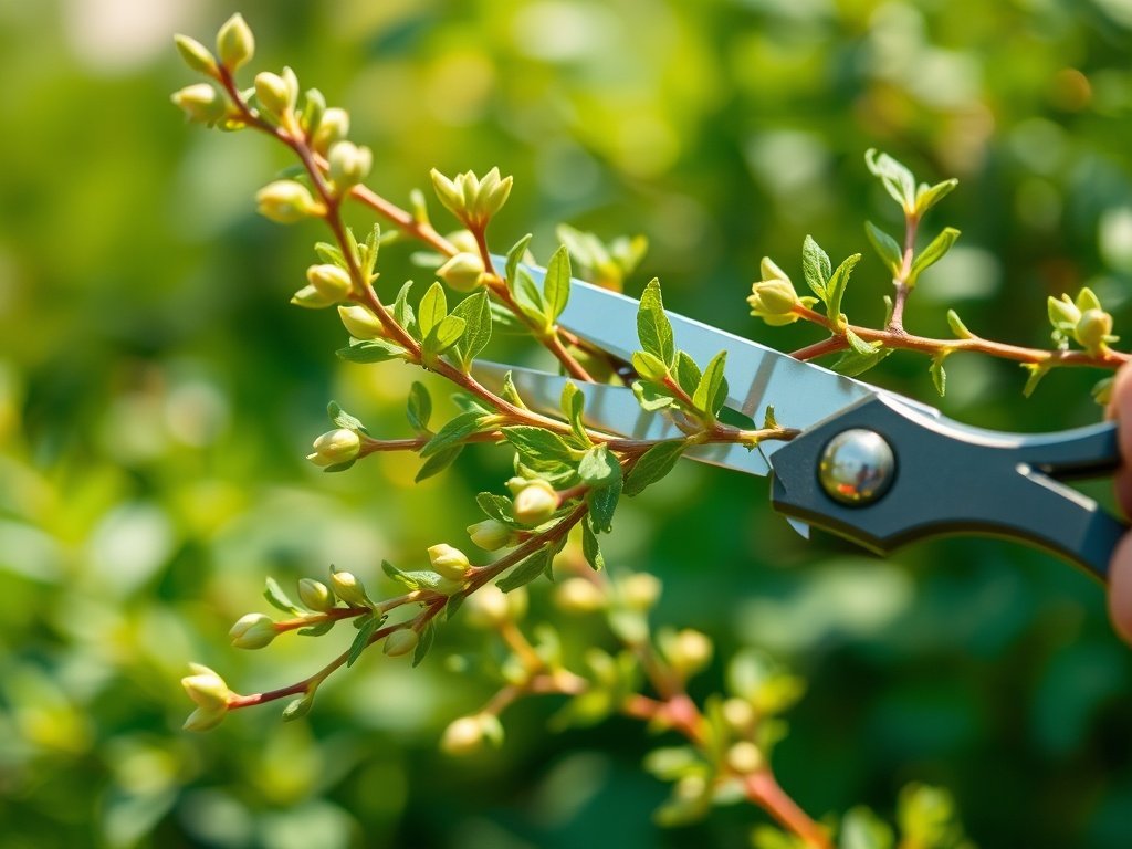 Close-up van verse groene deutzia takken die worden gesnoeid met een scherpe tuinschaar in een zonnige lentetuin.