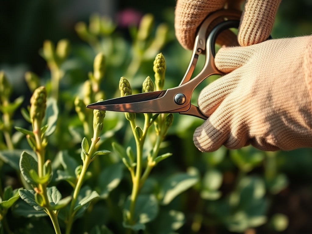 Close-up van groene vingerplanten die voorzichtig worden gesnoeid met tuinschaar in een natuurlijke tuin setting.