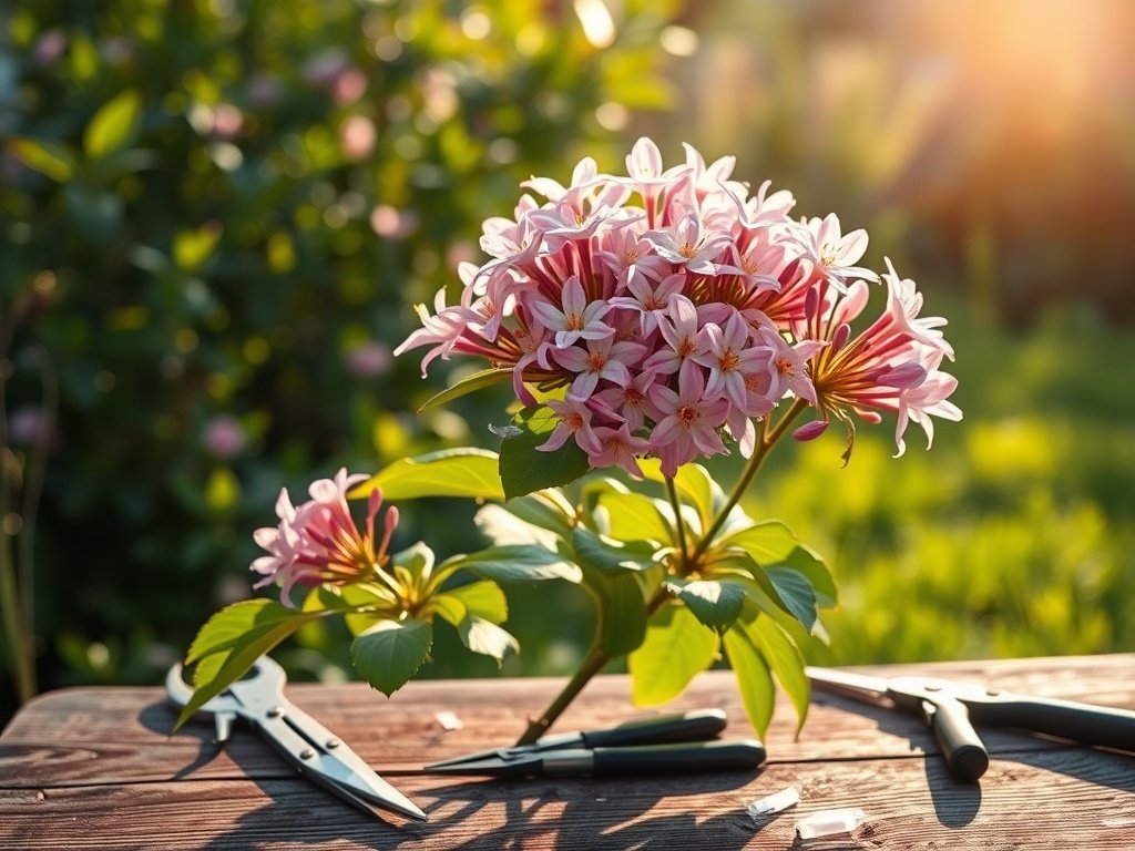 Bloeiende deutzia struik in een ochtendtuin met snoeigereedschap op een houten tafel op de voorgrond.