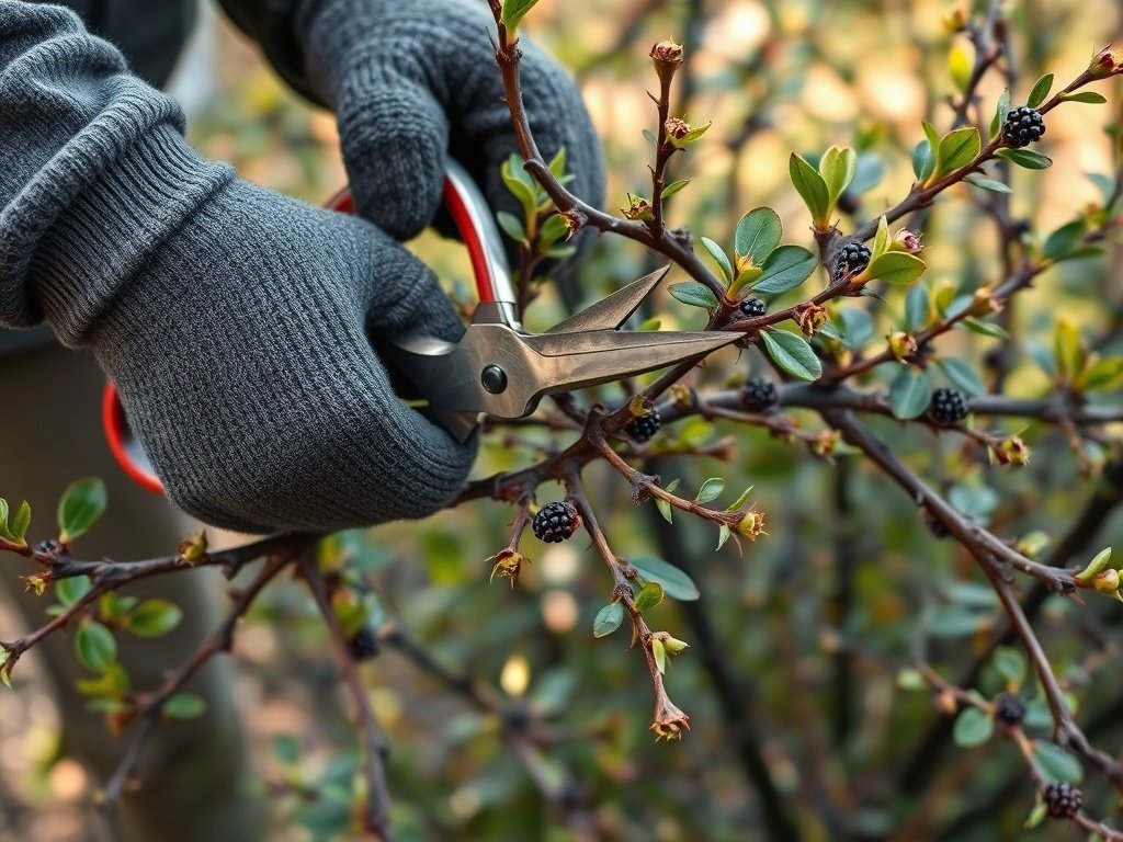Close-up van handschoenen die sleedoorn snoeien met scherpe snoeischaar tussen groene bladeren en doorns.