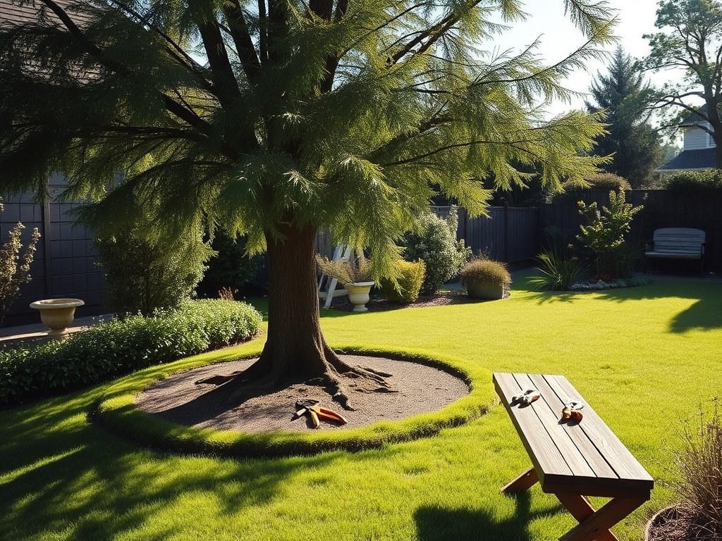 Rustige tuinscène met een rijpe lijsterbes en snoeigereedschap op een houten bank in natuurlijk ochtendlicht.