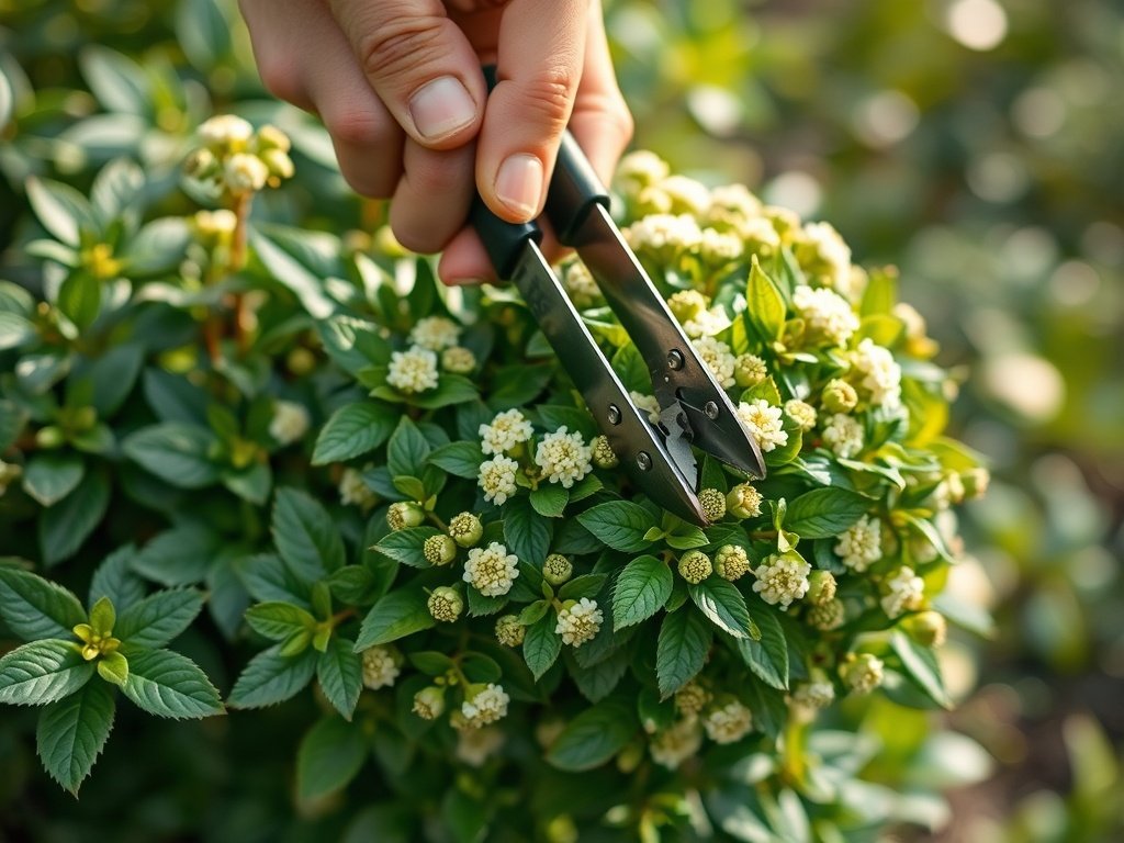 Close-up van handen die een sneeuwbal plant snoeien met een snoeischaar in een natuurlijke tuinomgeving.