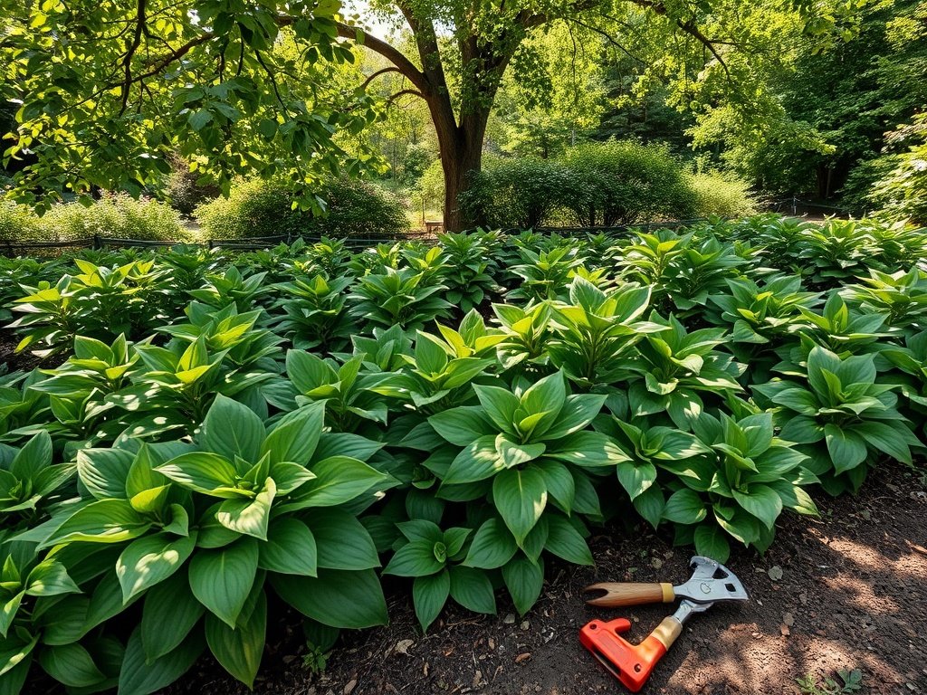 Tuinbed met diverse hosta planten, sommige net gesnoeid, onder natuurlijke lichte schaduw.