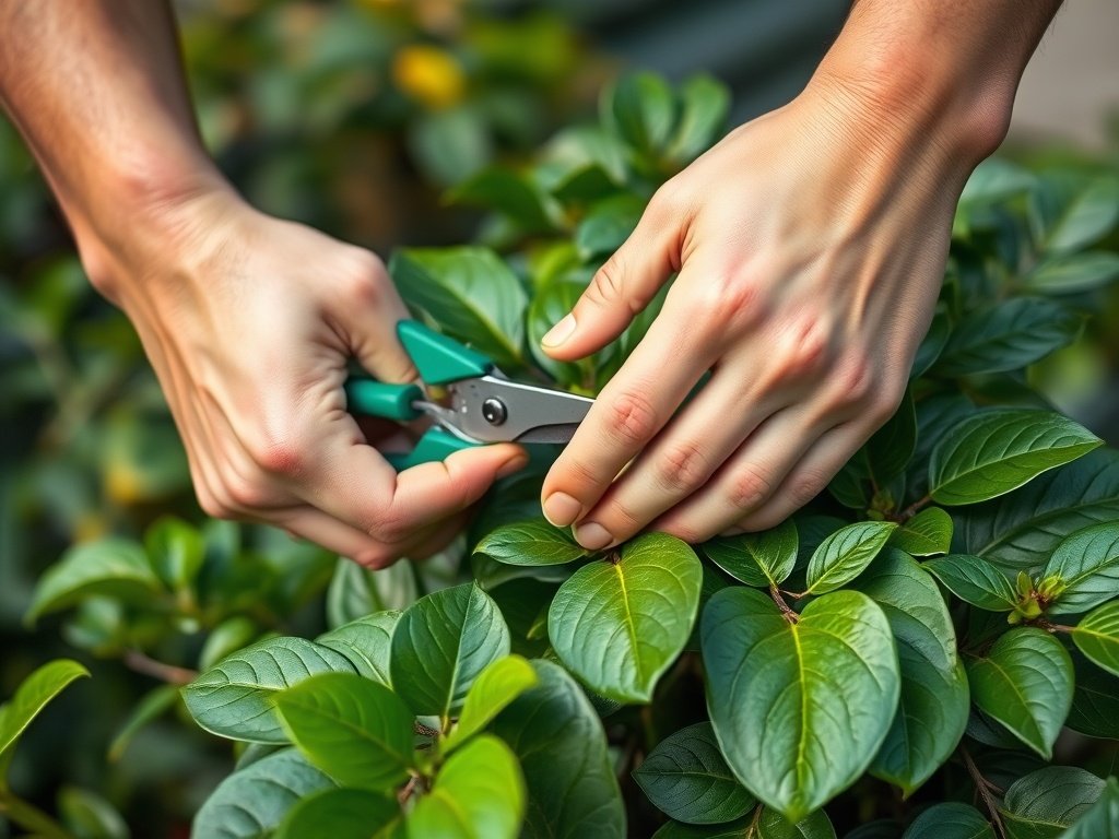Close-up van handen die een schefflera plant snoeien in een natuurlijke tuinomgeving.