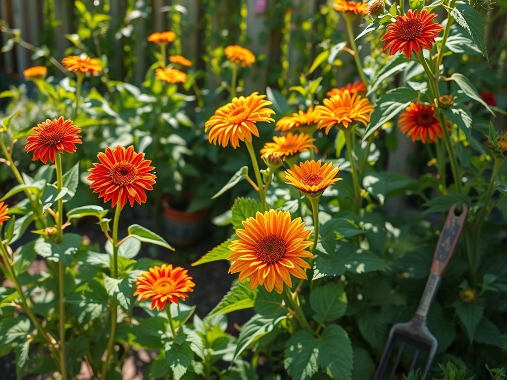 Zonnige tuin met verschillende sundaville planten bij het overwinteren en snoeien, met gereedschap in beeld.