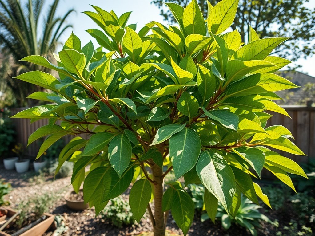 Mature ficus boom in een tuin met vers gesnoeide takken en zachte zonneschijn.
