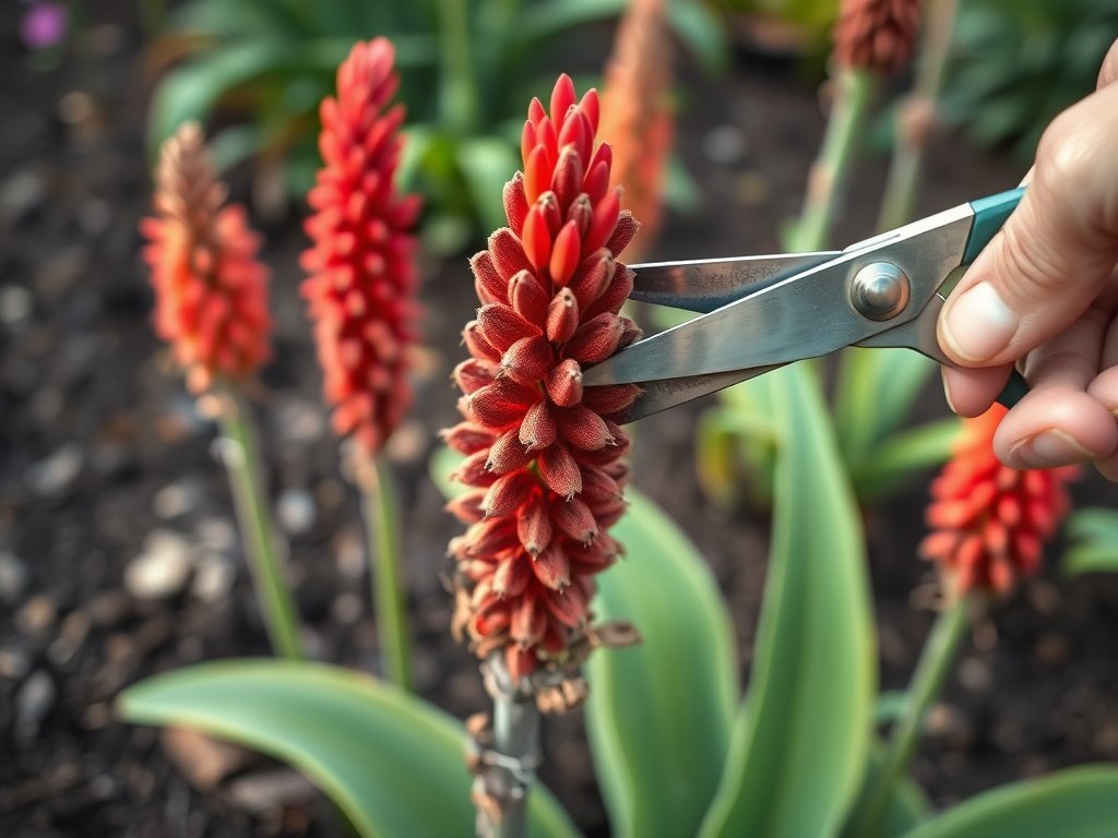 Close-up van kniphofia met gedroogde bloemstelen en groene bladeren in een tuin die wordt gesnoeid.