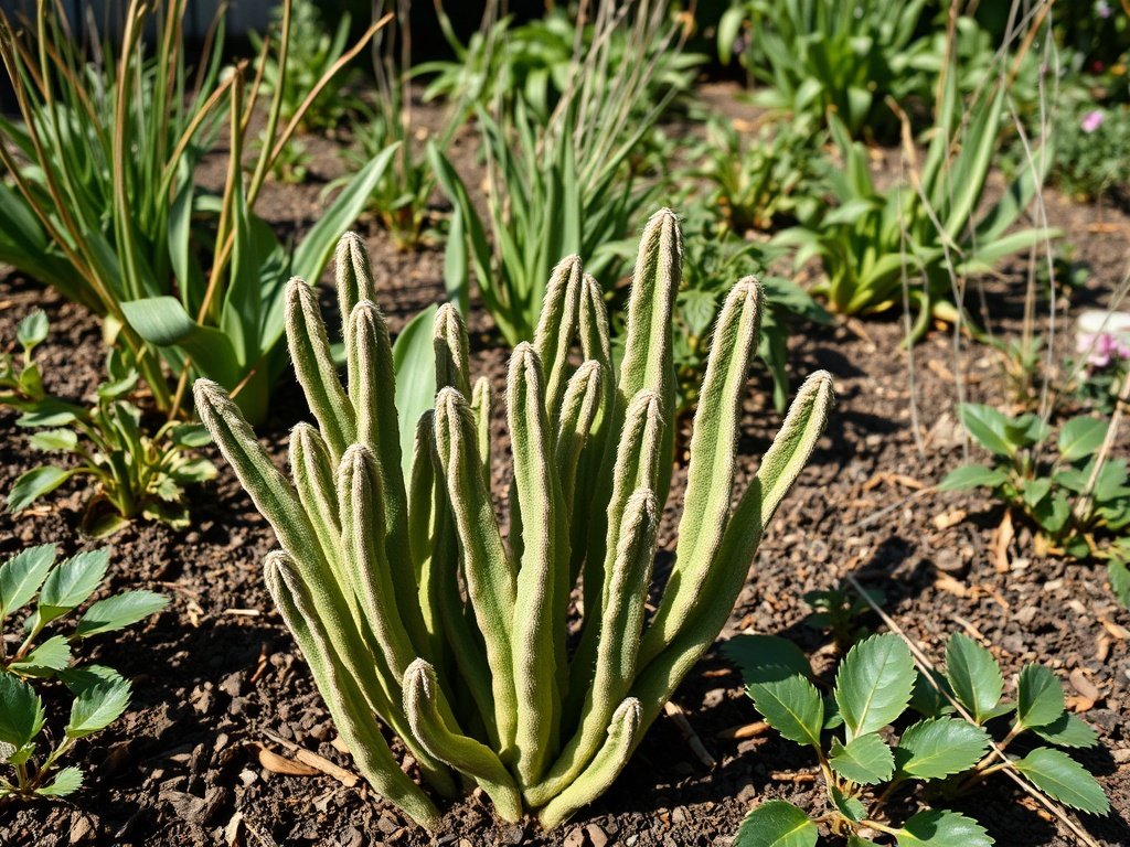 Vingerplanten in een natuurlijke tuin met verse snoeikanten onder zacht zonlicht.