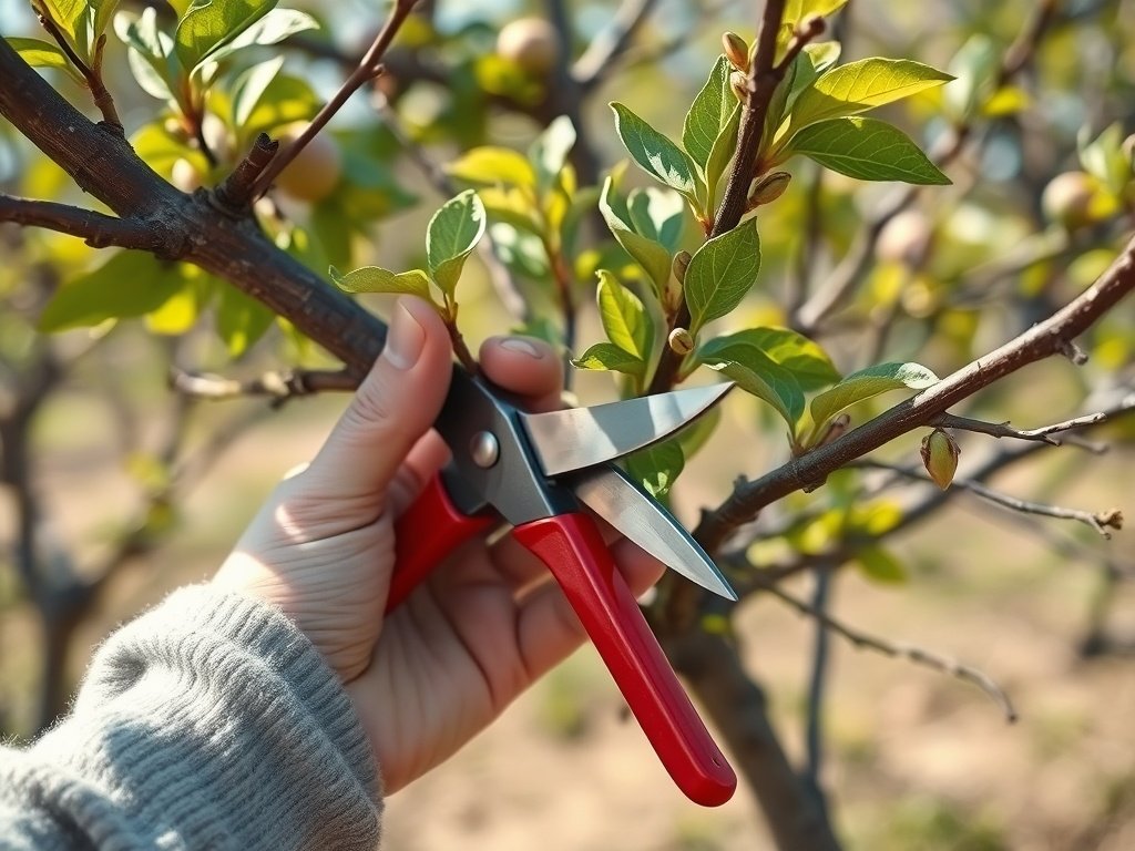 Close-up van handen die takken van een fruitboom snoeien met rode snoeischaar in een zonnige tuin.