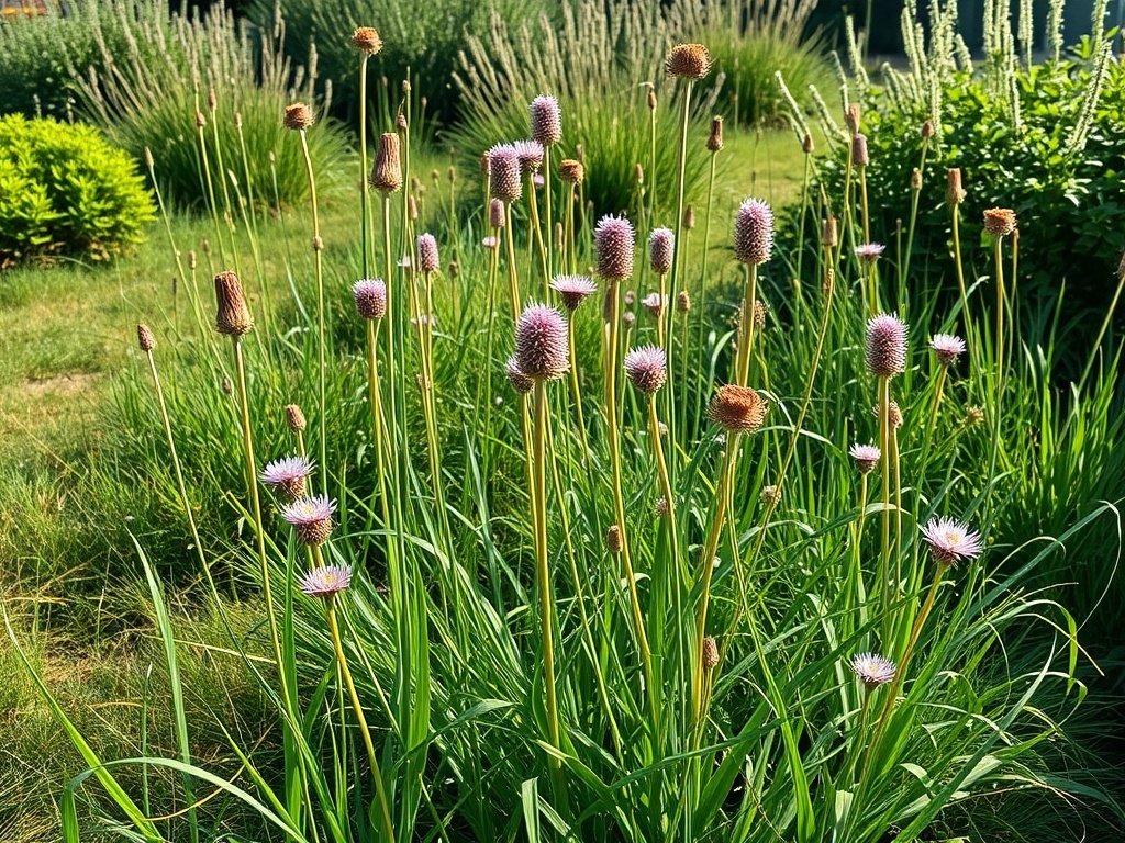 Wijds uitzicht op een natuurlijke tuin met koninginnekruid en gedroogde bloemen in ochtendlicht.