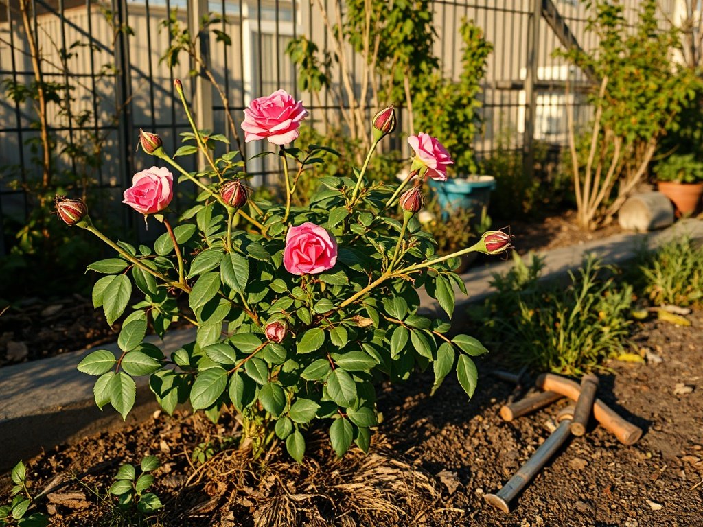 Overgroeide rozenstruik met gebroken takken en tuinmaterialen in warme middagzon.