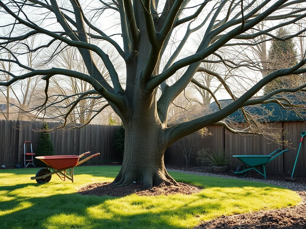 Brede opname van een notenboom in een tuin met zichtbare gesnoeide takken en tuingereedschap.