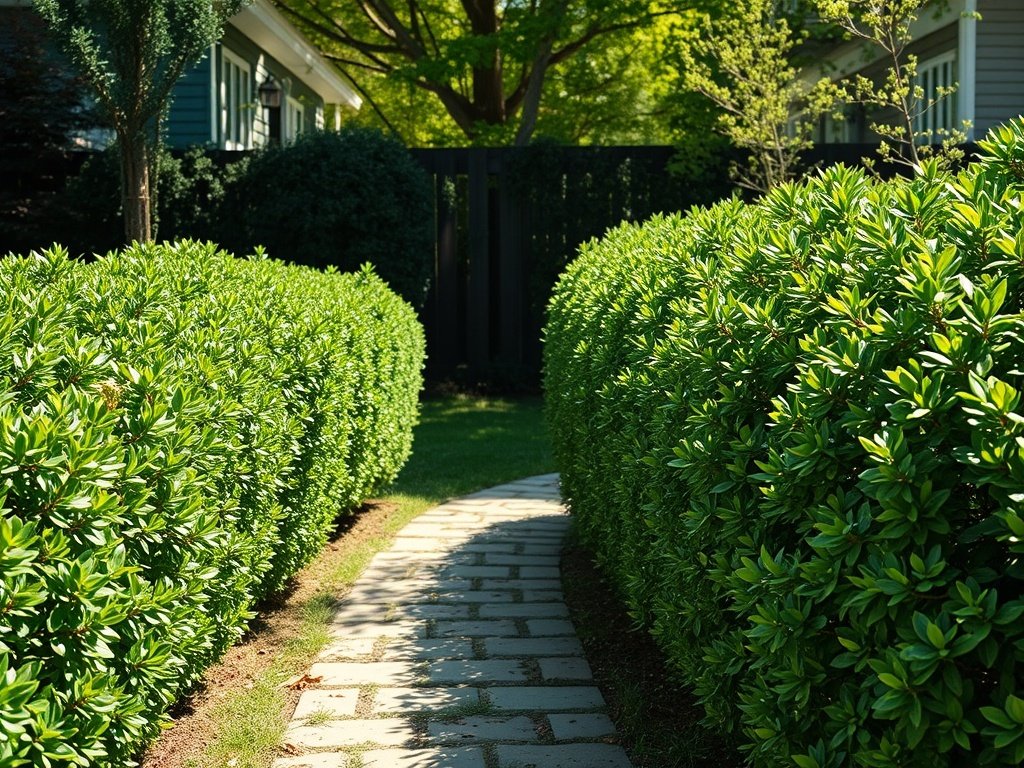 Nette Euonymus haag langs een stenen tuinpad bij zachte ochtendzon.