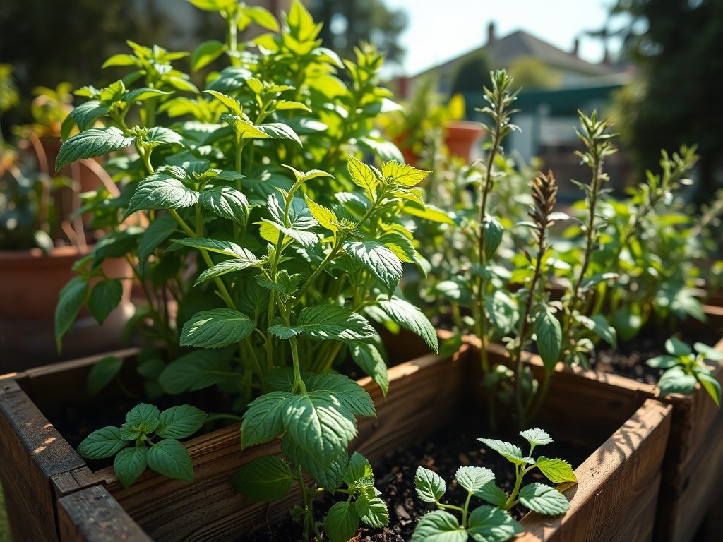 Vroege ochtend in een tuin met een weelderige kerrieplant en andere keukenkruiden in houten bakken.